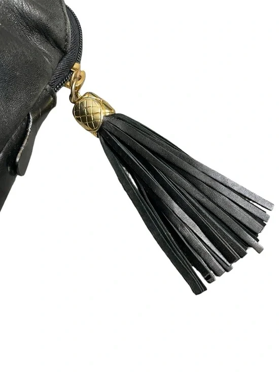 Via Veneto Vintage Black Leather Triple Compartment Tote Dual Gold Chain Handles - Picture 13 of 13